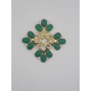 Vintage Jomaz Brooch Pendant Green Stone Cabochon White Crystal Jewelry Costume